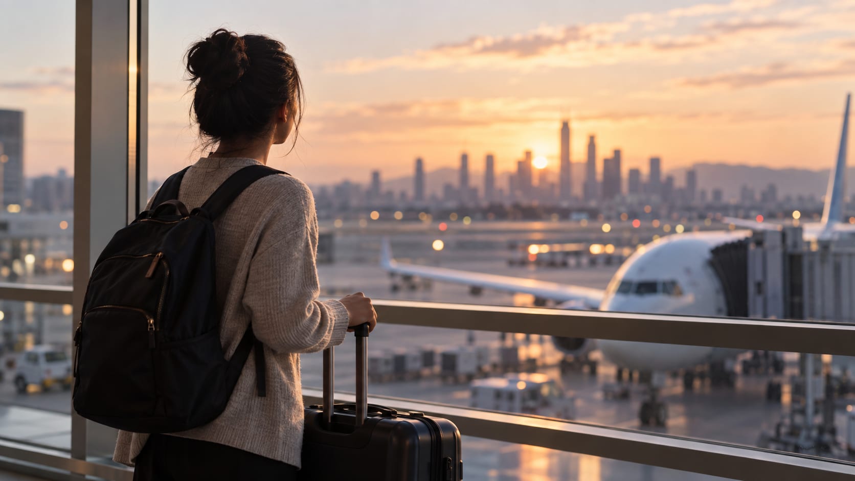 Traveler with a suitcase looking through an airport window
