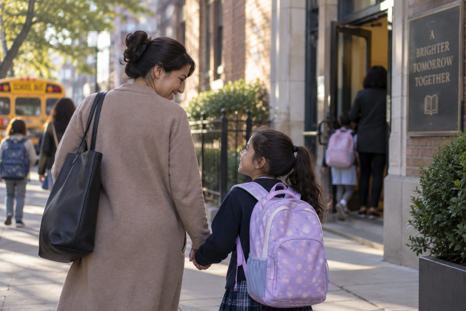 Parent and child walking together toward school