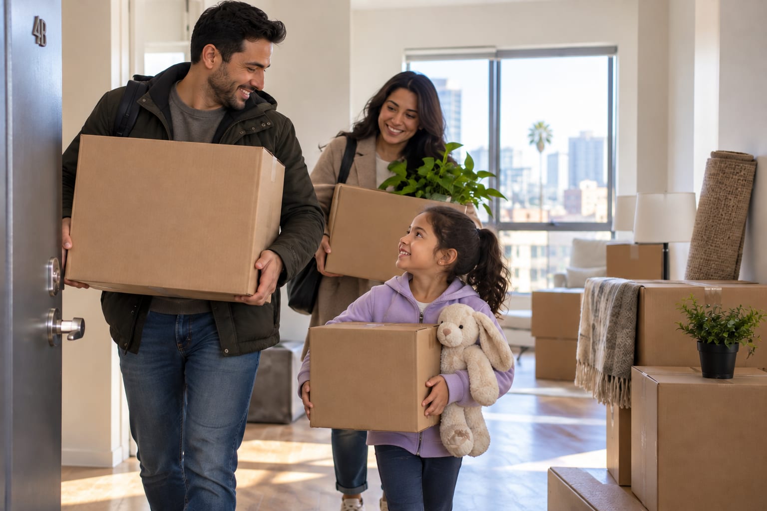 Family carrying boxes into a new apartment
