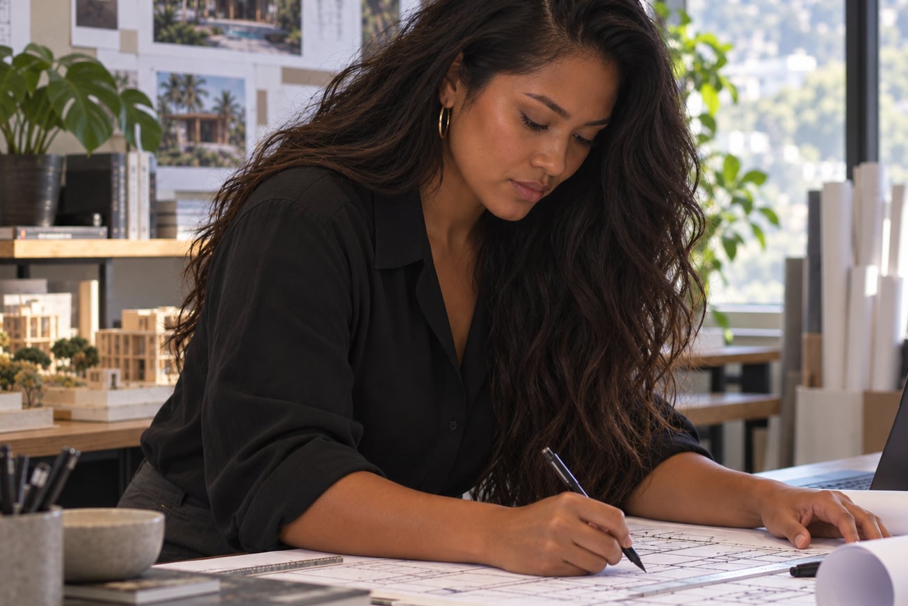 Architect drawing on plans at a studio desk