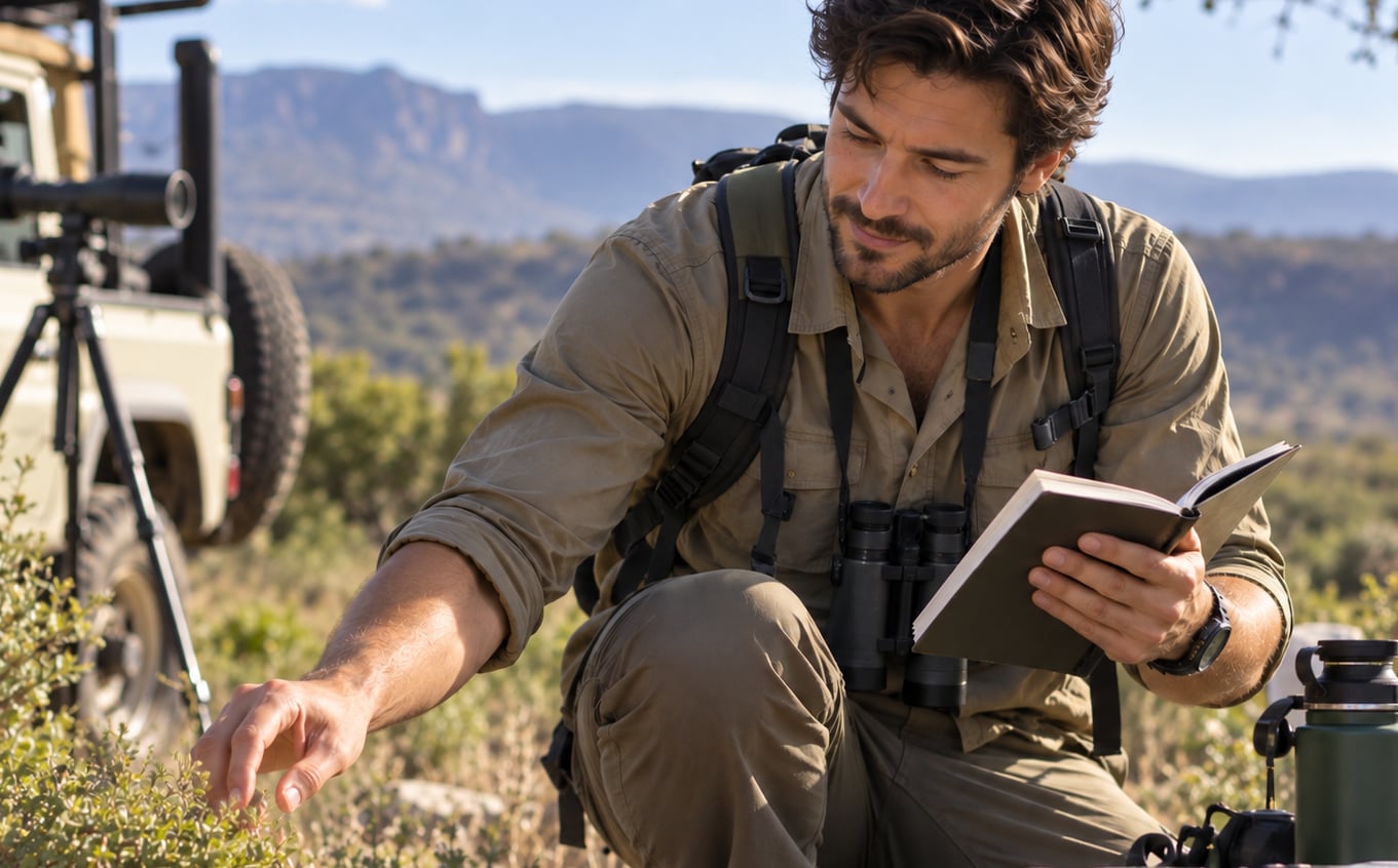 Field biologist recording observations beside desert plants