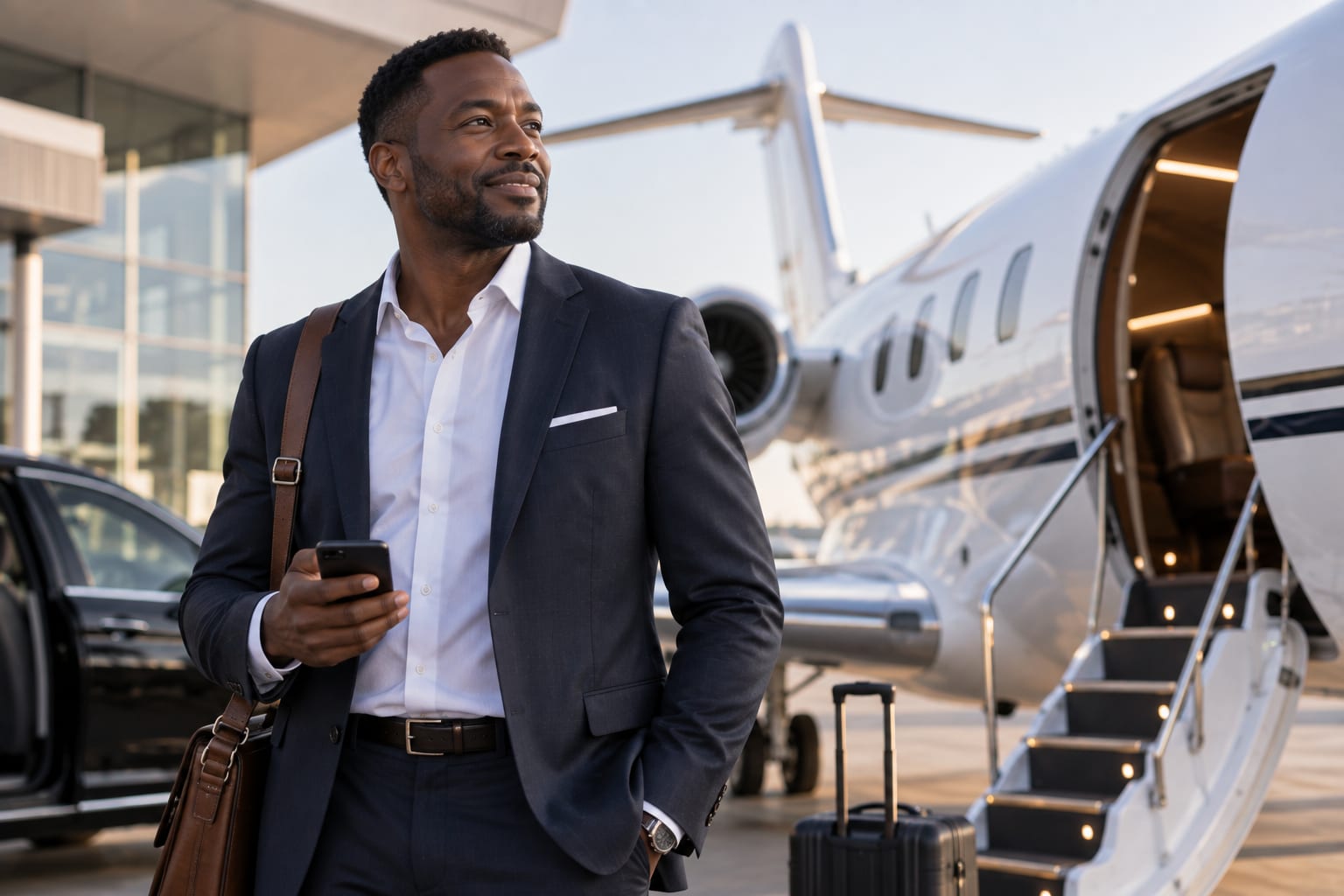 Business traveler standing beside an aircraft