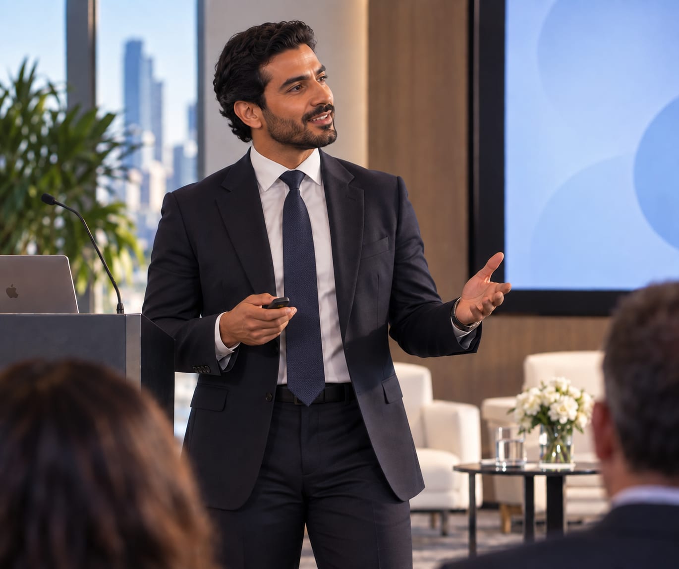 Business speaker presenting to an audience