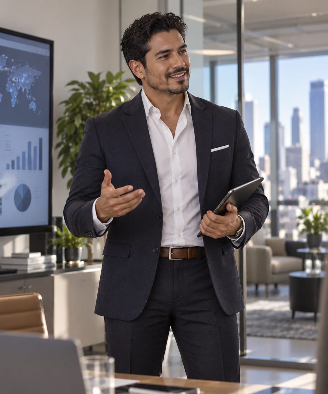 Business leader presenting from a tablet in an office