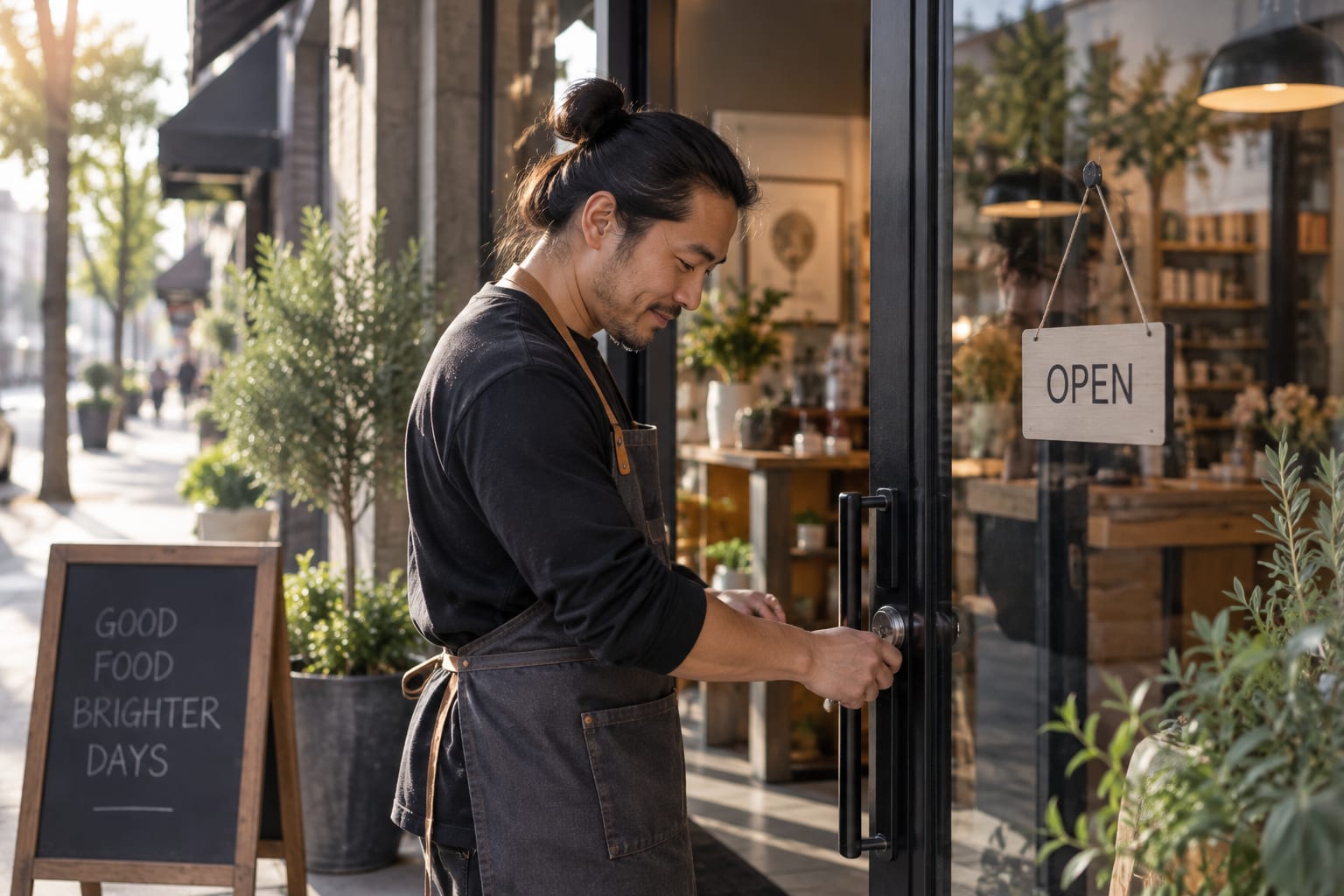 Shop owner opening a small storefront for the day