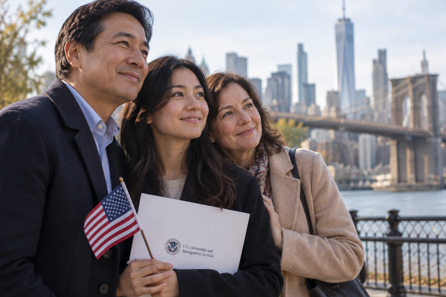 Family posing outdoors with a naturalization certificate and flag