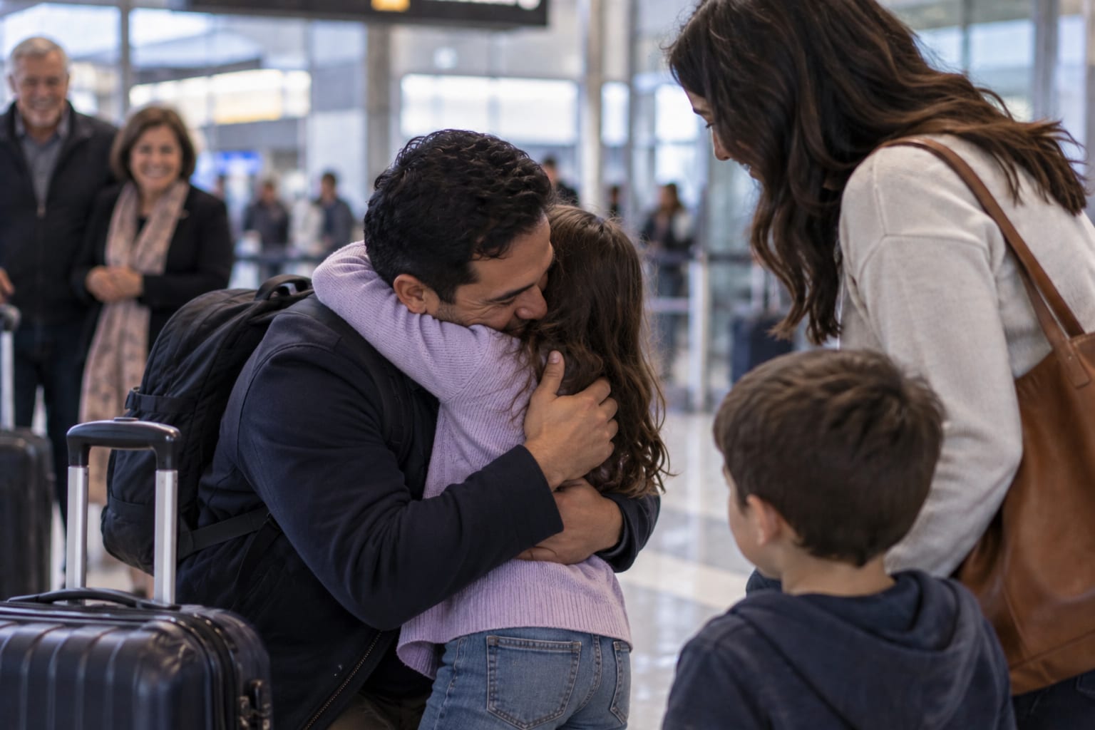 Family members embracing in an airport arrivals area