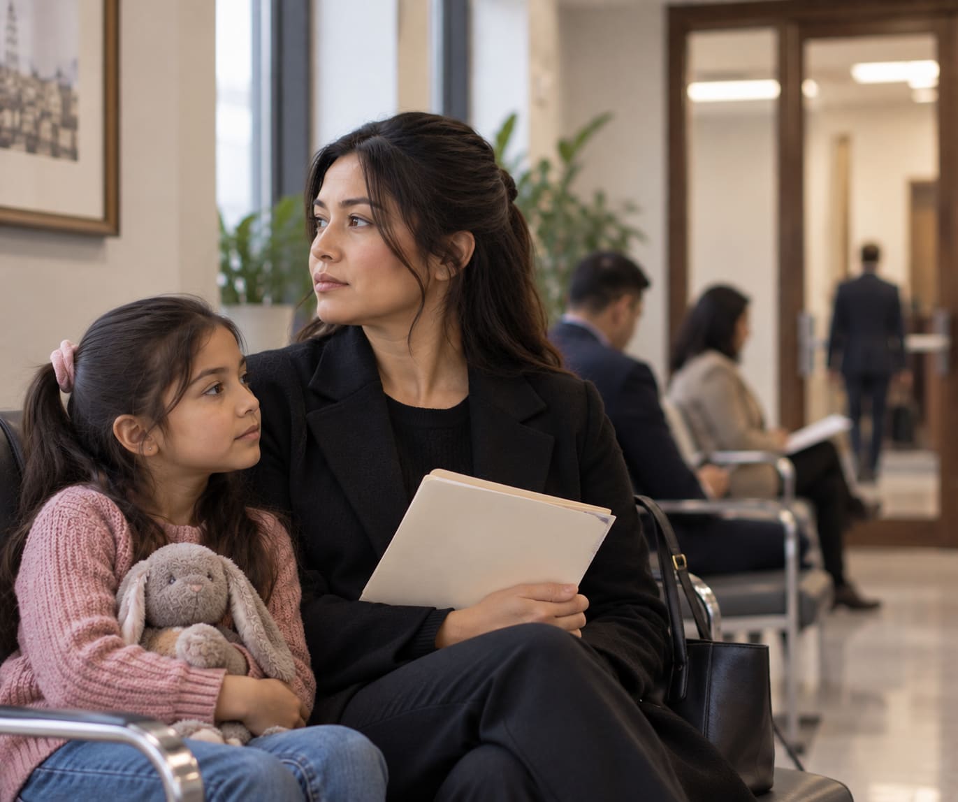 Woman and child seated together in a waiting room with documents