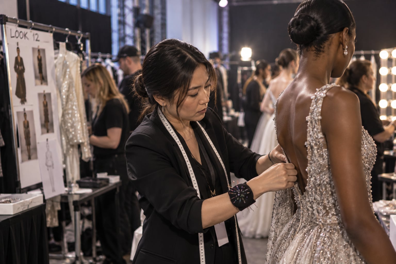 Fashion designer fitting a dress on a model backstage