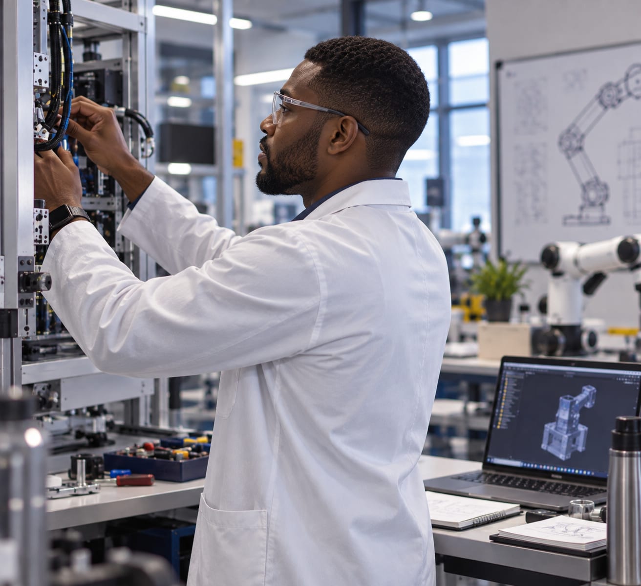 Engineer adjusting equipment in a robotics laboratory