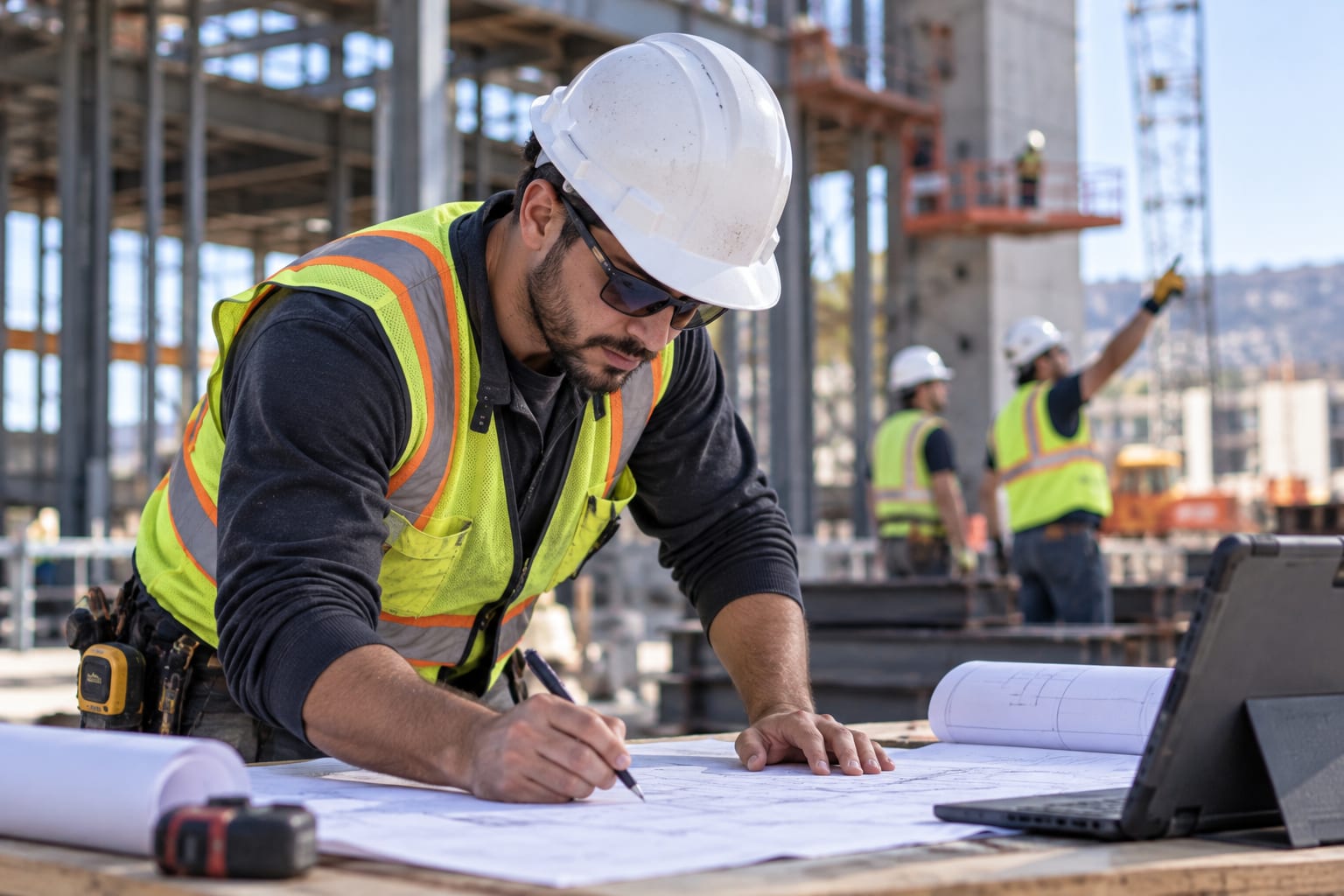 Construction professional reviewing plans at a job site