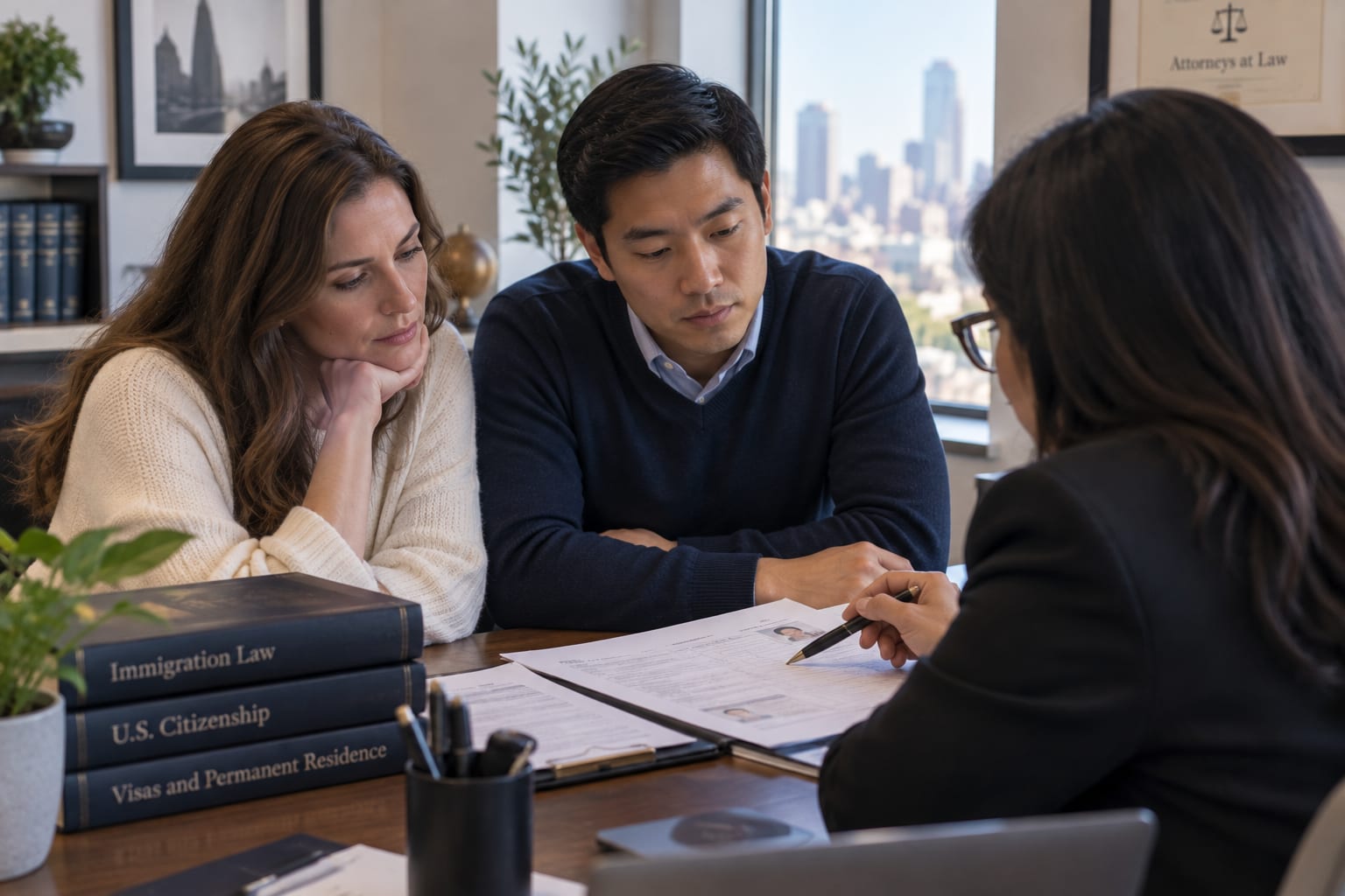 Couple meeting with a legal professional across an office desk
