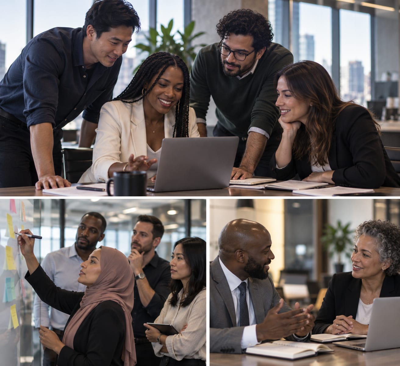 Collage of colleagues collaborating in meetings and planning sessions