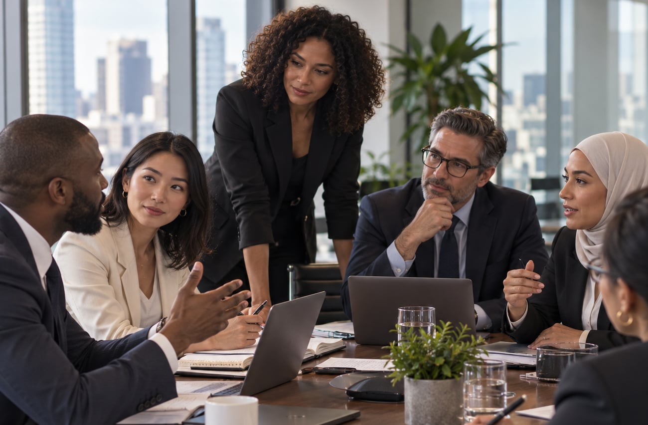 International business team meeting around a conference table