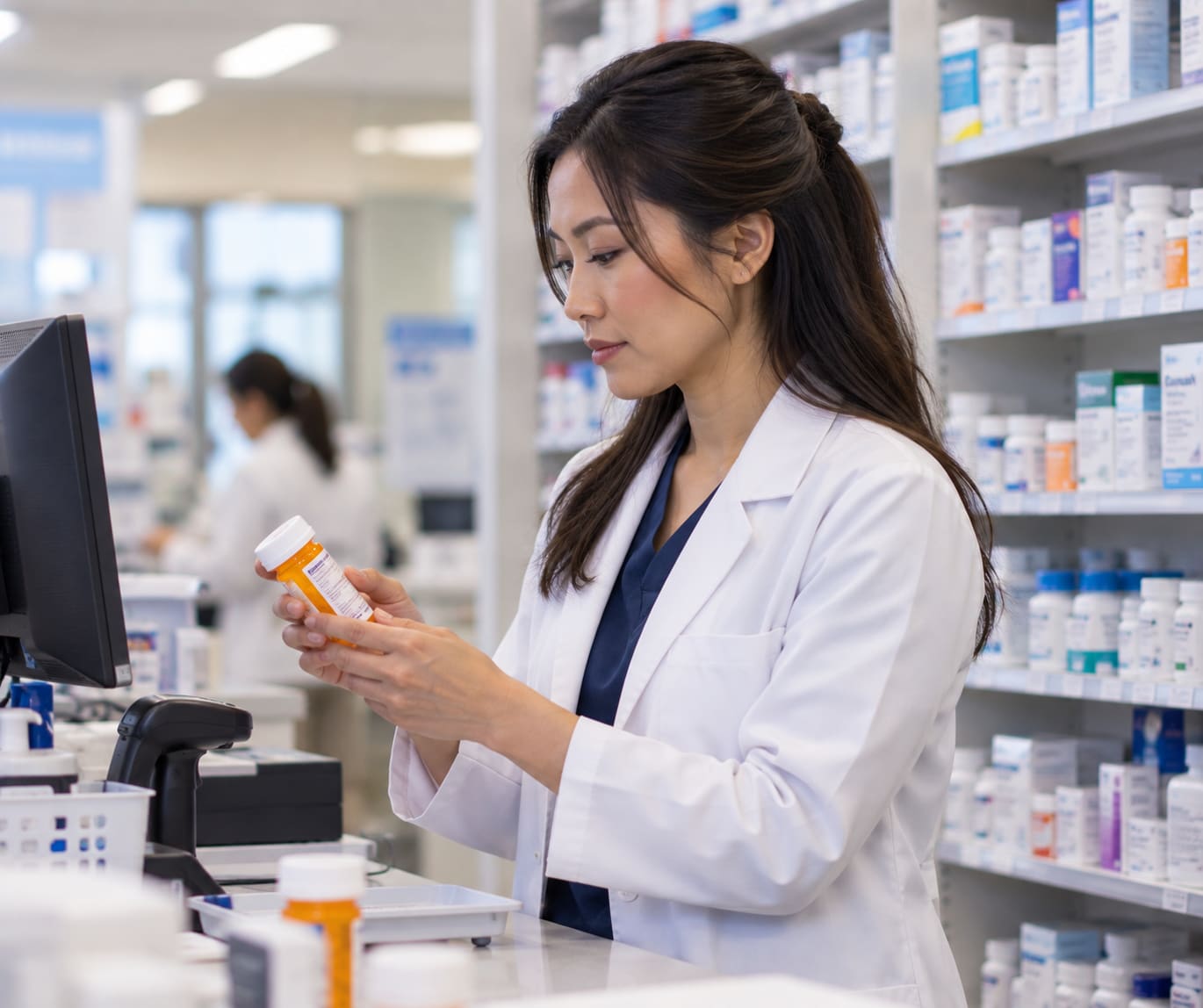 Pharmacist reviewing a prescription bottle in a pharmacy