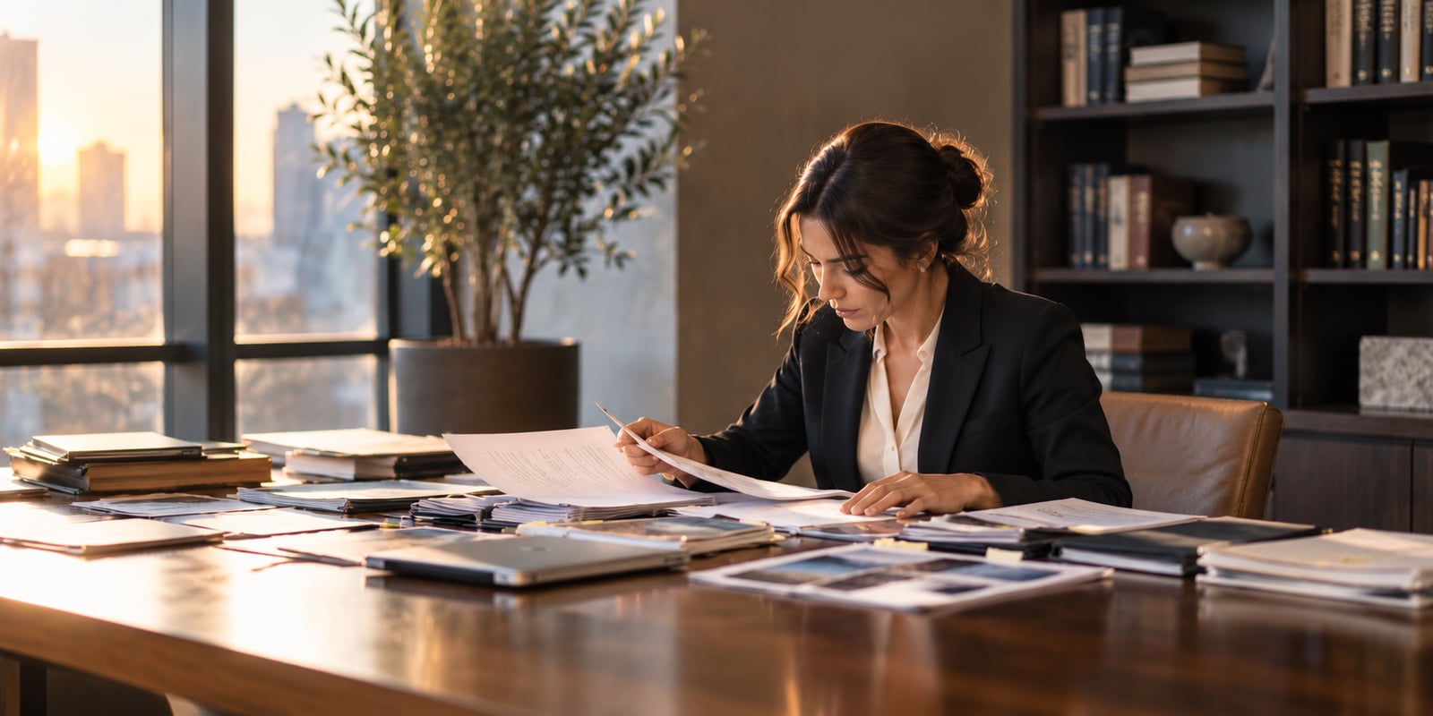 Professional reviewing documents at a sunlit office desk