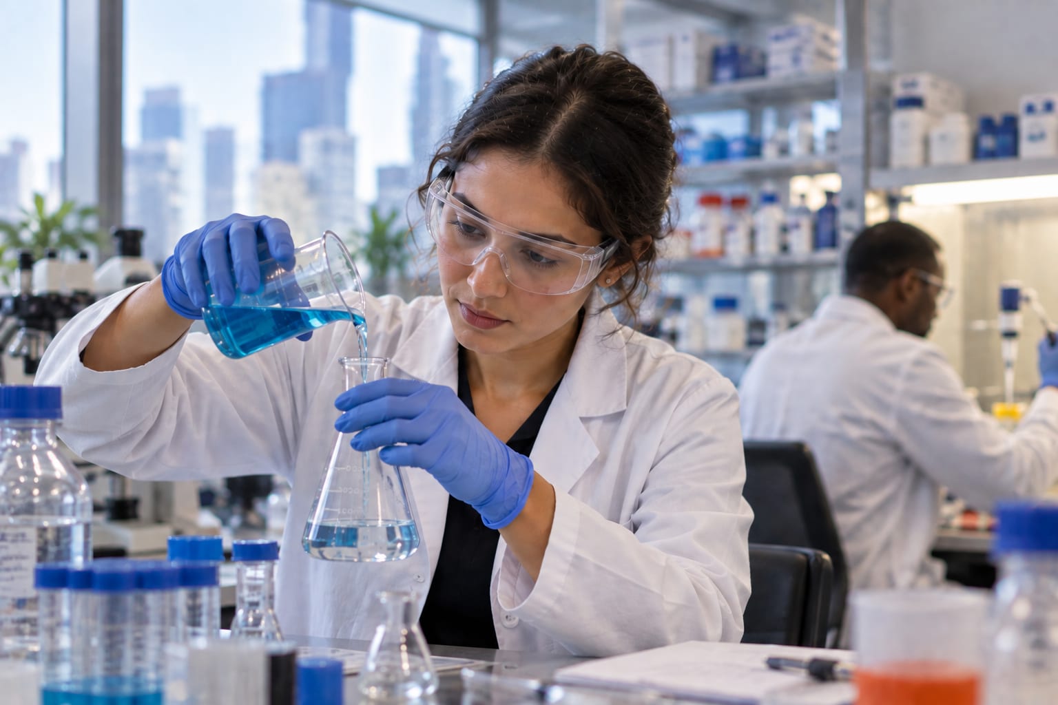 Scientist pouring a solution during a laboratory experiment