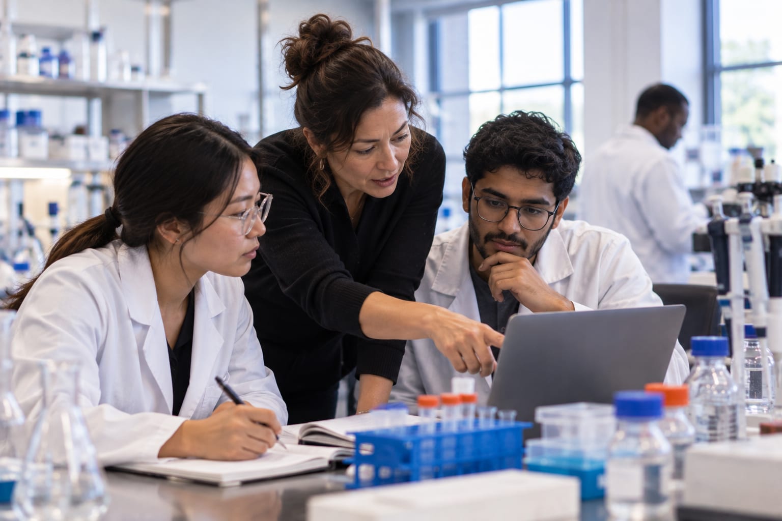Research team reviewing work together at a laboratory laptop