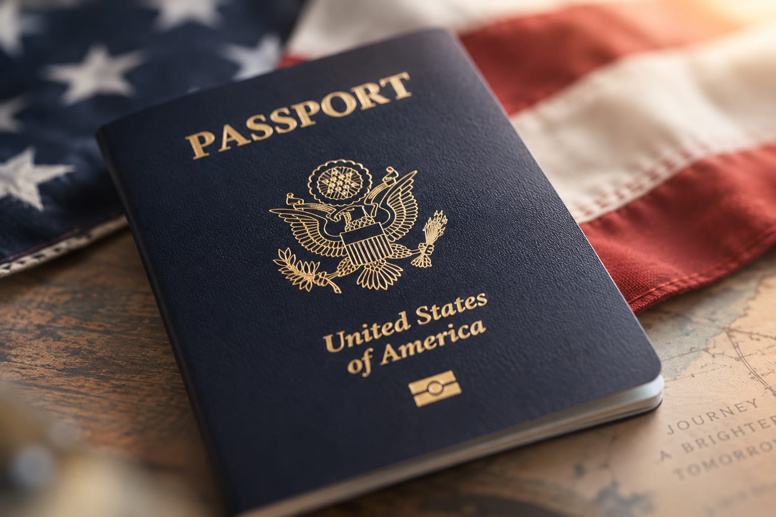 United States passport resting on a flag and map